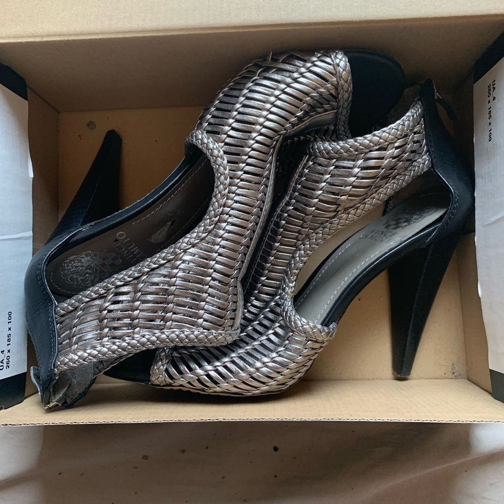 Vince Camuto Black and Silver Heels with Intricate Woven Design